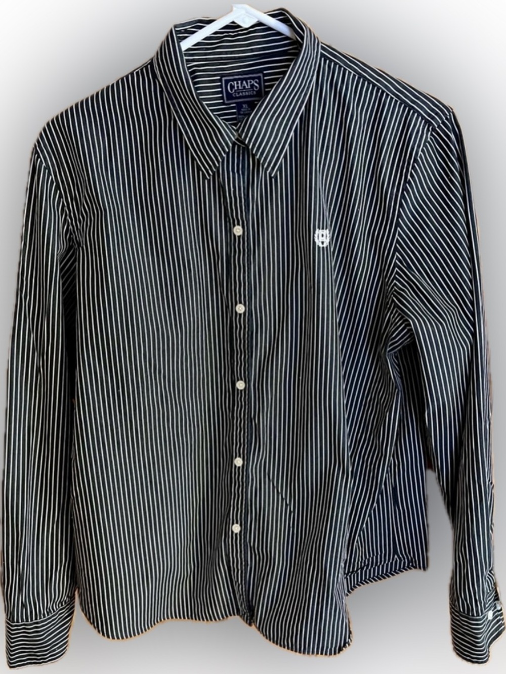 Chaps Classics Charcoal White Pinstripe Shirt Mens XL (23x26) 100% Cotton Shirt